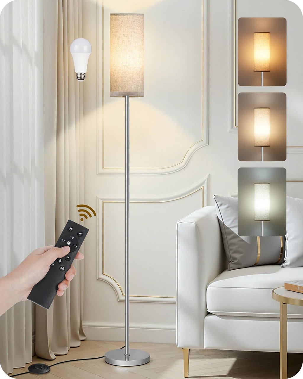 Dimmable Floor Lamps for Living Room with Remote and Foot Switch, 64.4” Modern Standing Tall Lamp, Corner Lamp for Bedroom, Office, Bulb…