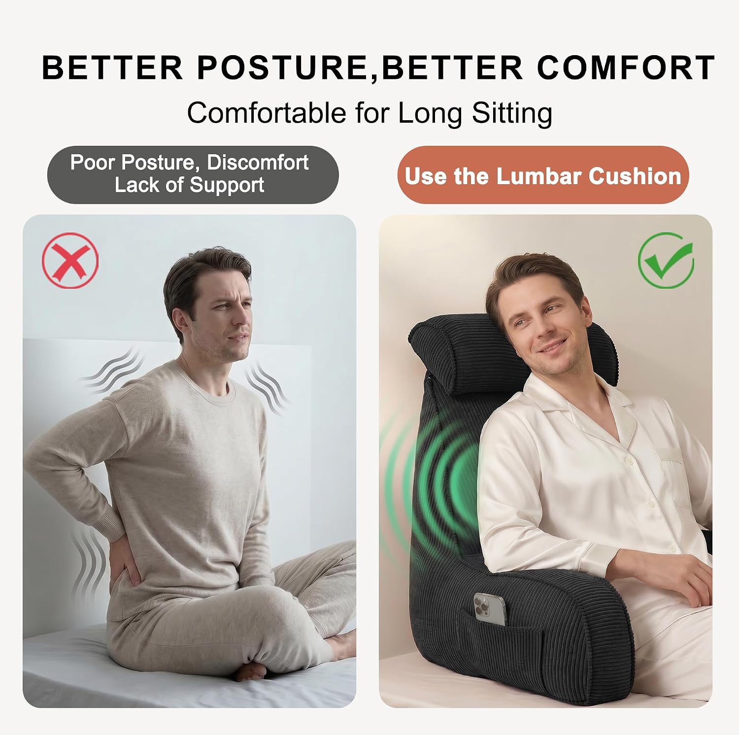 Ailuteie Corduroy Reading Pillow for Sitting Up in Bed, Bed Rest Backrest Pillow with Arms, Low Back Support Cushion with Side Pockets & Wa…