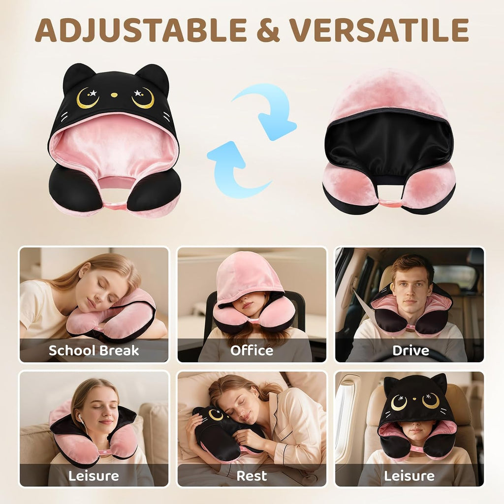 Mewaii Travel Neck Pillow with Hood for Airplanes, Memory Foam, Breathable Ice Silk & Soft Velvet, Double-Sided, Removable to…