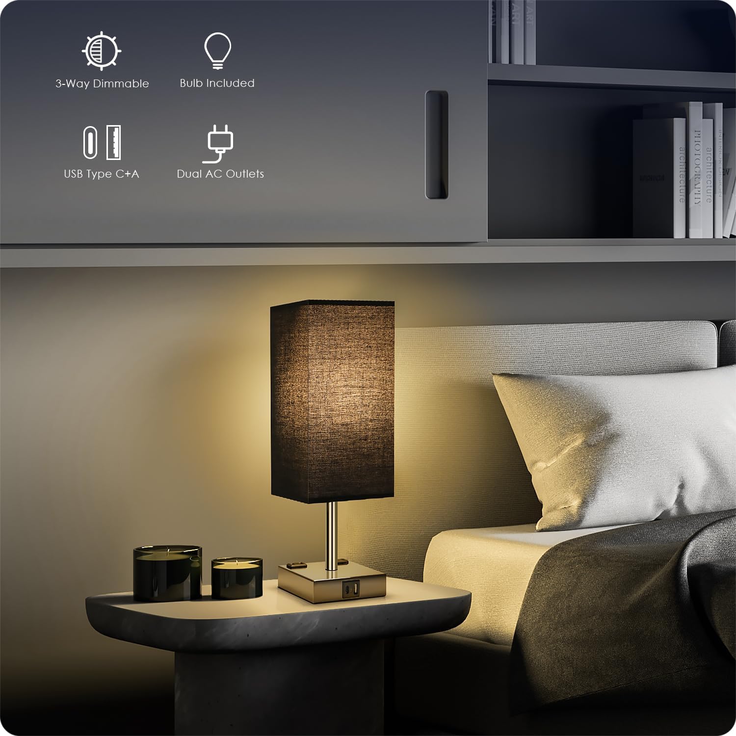 Bedside Lamp with USB Ports - Touch Control Table Lamp for Bedroom with USB C+A Charging Ports & AC Outlets, 3 Way Dimmable Nightstand…