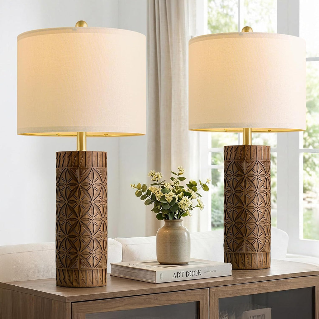 BOBOMOMO 27" Tall Table Lamps Set of 2, Modern Farmhouse Geometric Bedside Lamps, Rustic Wood Grain Resin Nightstand Lamps for Living…