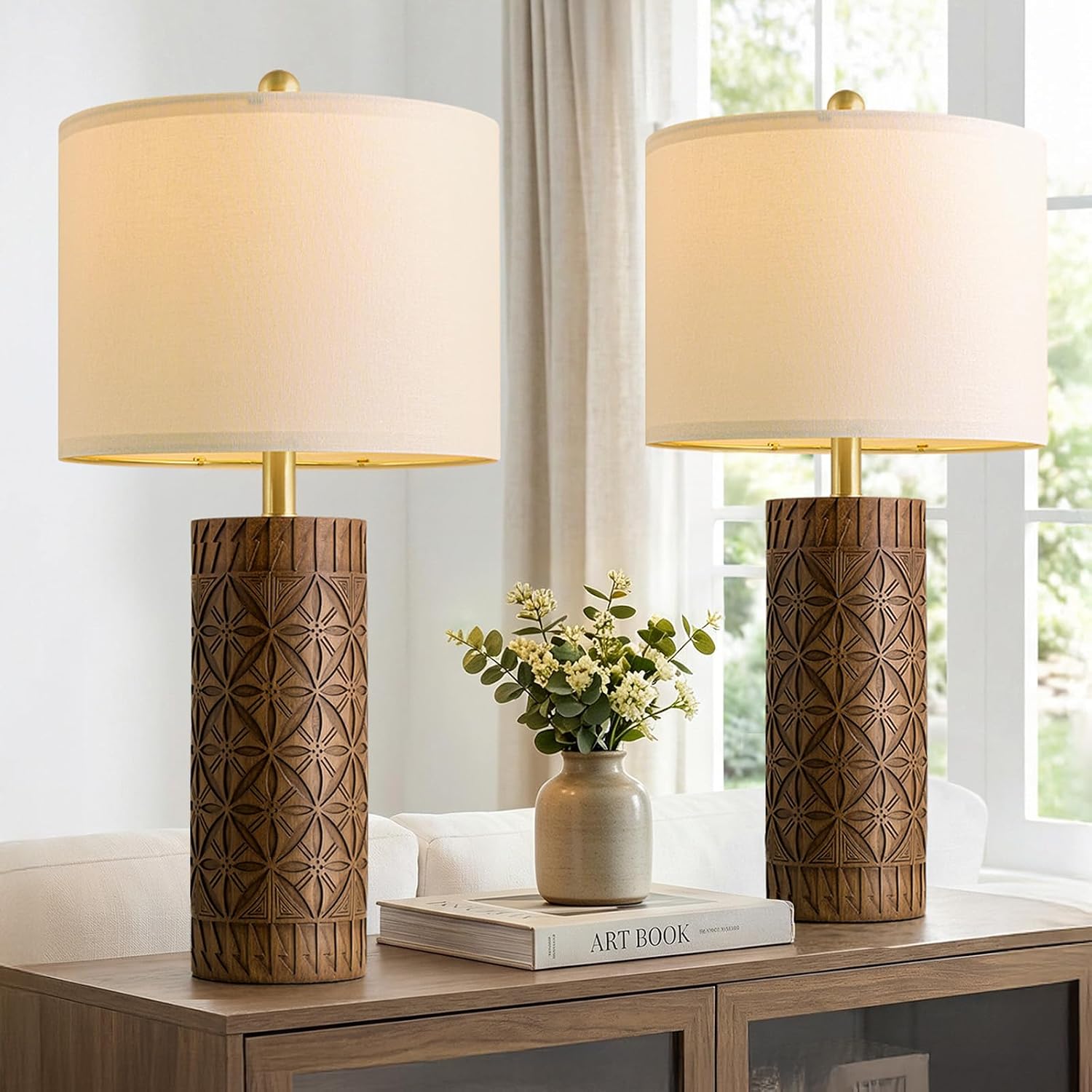 BOBOMOMO 27" Tall Table Lamps Set of 2, Modern Farmhouse Geometric Bedside Lamps, Rustic Wood Grain Resin Nightstand Lamps for Living…