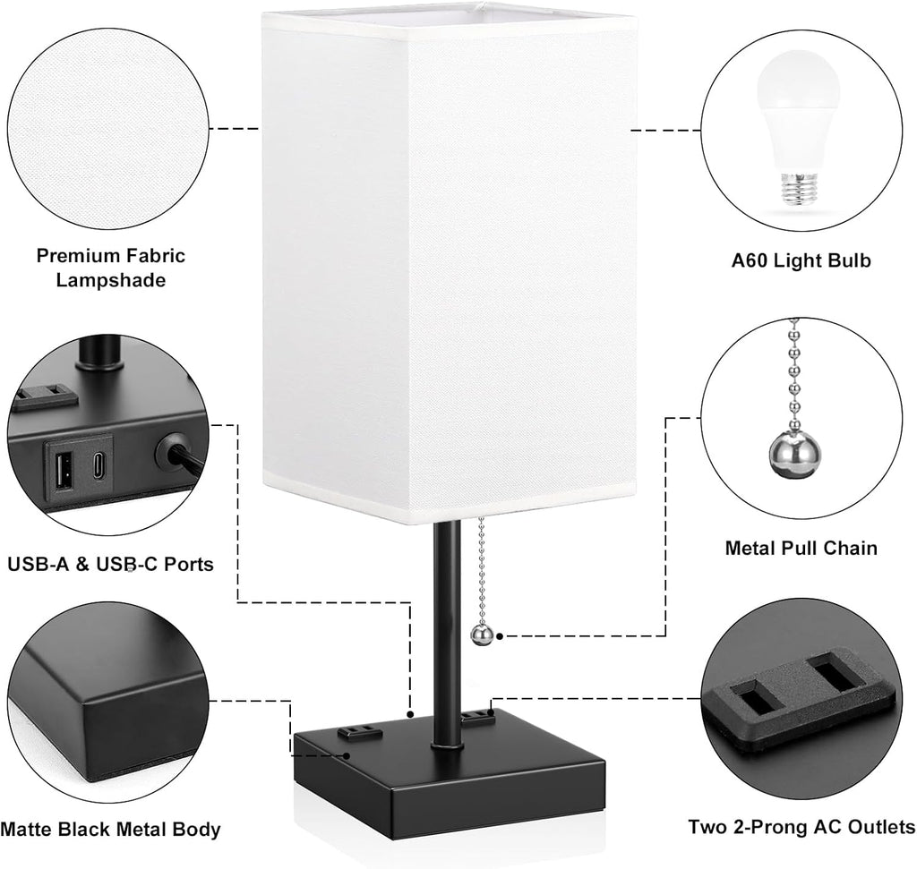 Aooshine White Medium Table Lamp with USB Ports - 3 Color Temperature Bedside Lamp for Bedroom, Pull Chain Control, USB A and C Ports, 2 AC…