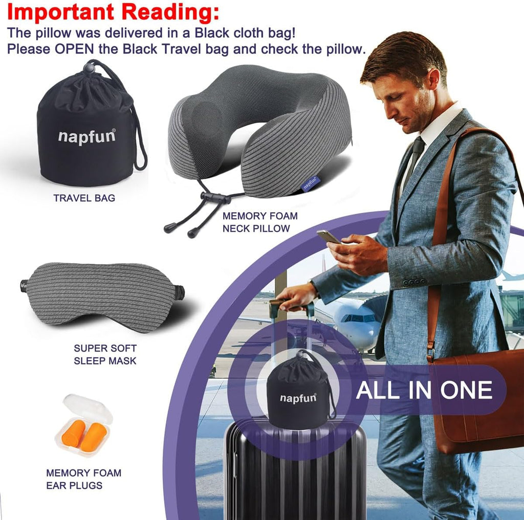 napfun Neck Pillow for Travel with Travel Pouch, Sleep Mask & Earplugs, Memory Foam Airplane Pillow for Headrest Sleep with Eyeshades…