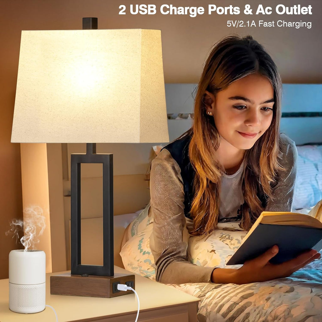 Lolikit Table Lamp for Bedroom Set of 2 with 2 USB Ports and AC Power Outlet, 23.5" Modern Bedside Lamp, Wood Nightstand Lamp with Linen…