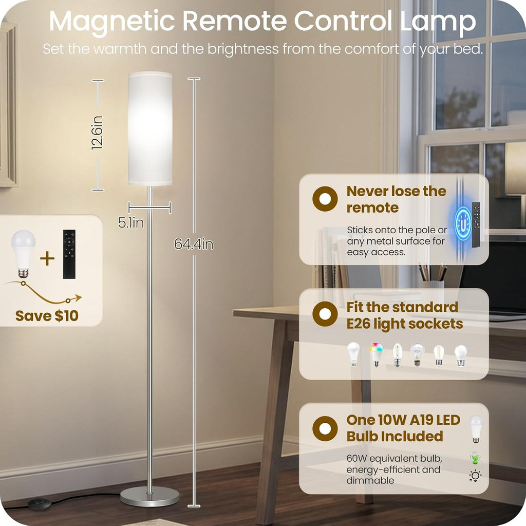 Dimmable Floor Lamps for Living Room with Remote and Foot Switch, 64.4” Modern Standing Tall Lamp, Corner Lamp for Bedroom, Office, Bulb…