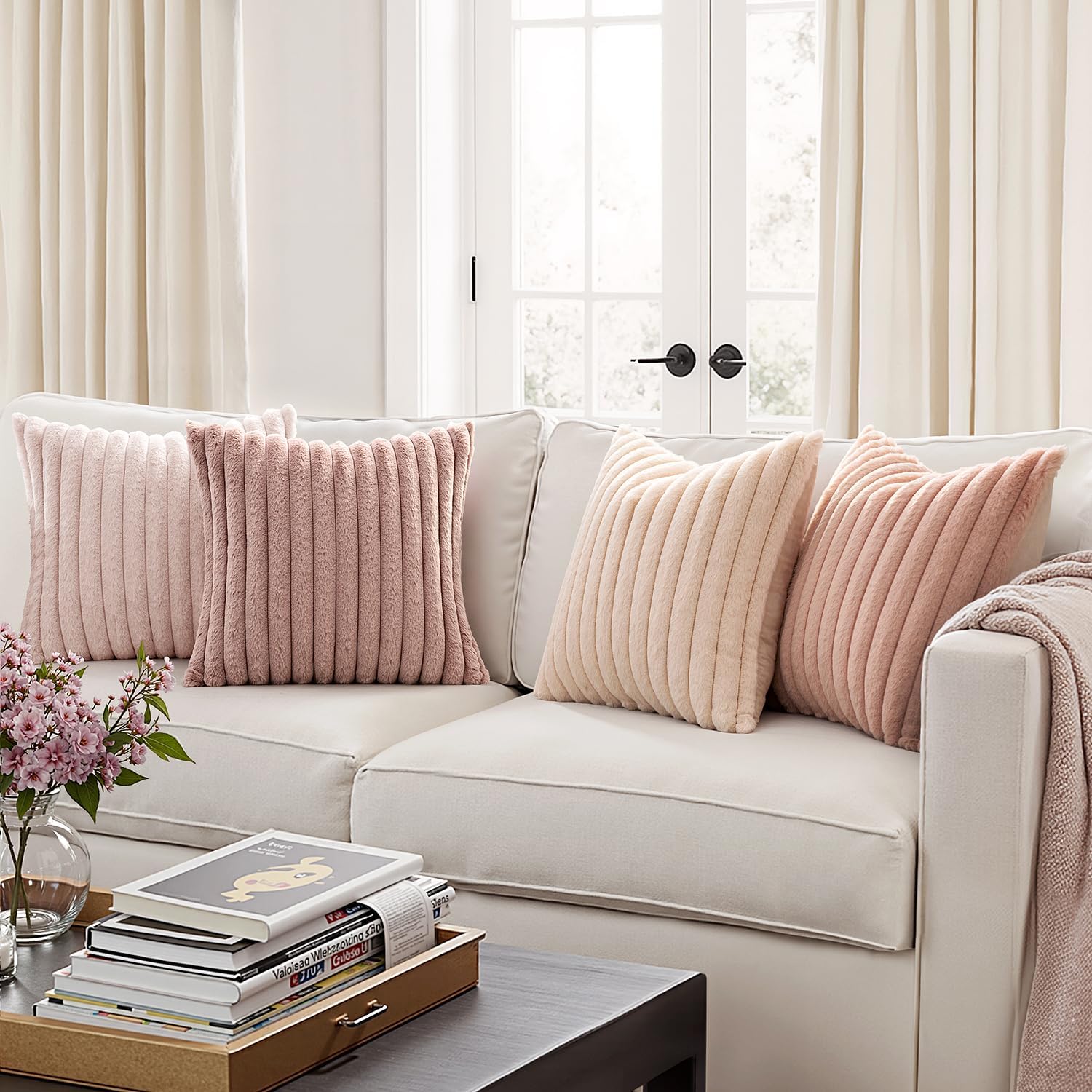 Miulee Faux Fur Plush Decorative Throw Pillow Covers 18x18 Set of 4, Valentine's Day Cute Modern Soft Romantic Fuzzy Striped Cushion Covers…