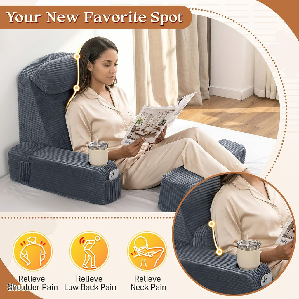 Reading Pillow/Backrest Pillow with Arms, Cup Holder & Phone Pocket - Bed Rest Pillow with Adjustable Headrest, Corduroy Fabric for Back…