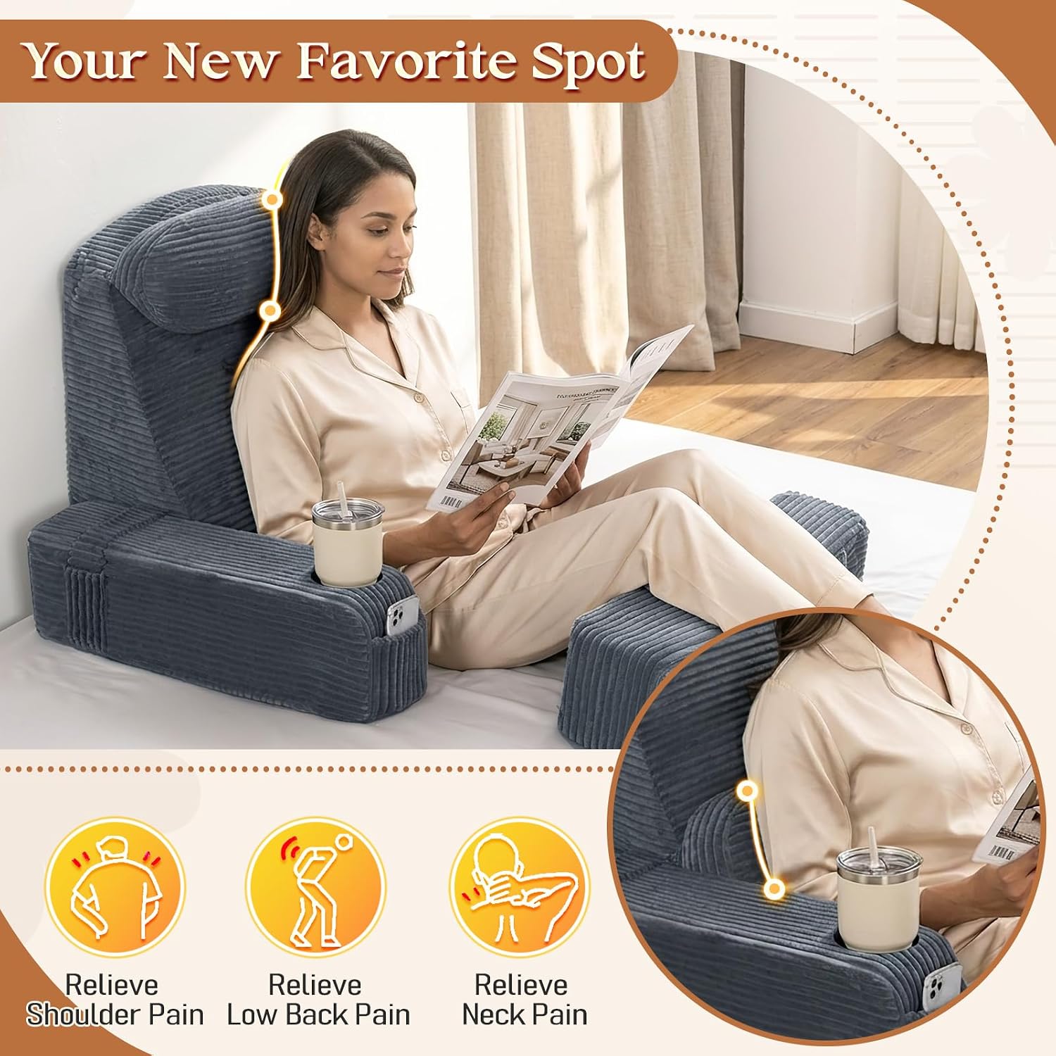 Reading Pillow/Backrest Pillow with Arms, Cup Holder & Phone Pocket - Bed Rest Pillow with Adjustable Headrest, Corduroy Fabric for Back…