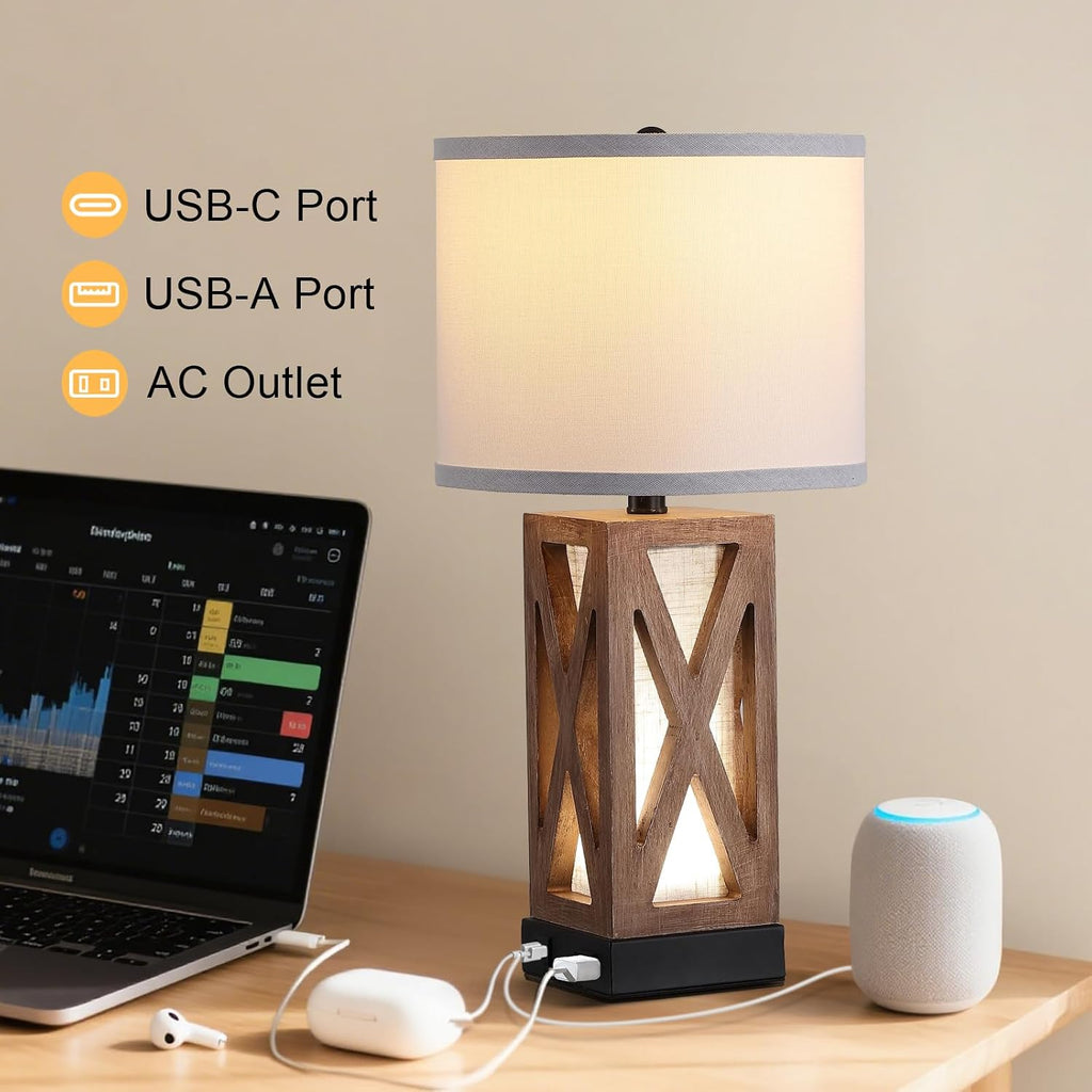 Set of 2 Wood Table Lamp with 3 Color Temperatures, Nightstand Table Lamp with AC Outlet, USB A & C Charging Port, Bedside Lamps for…