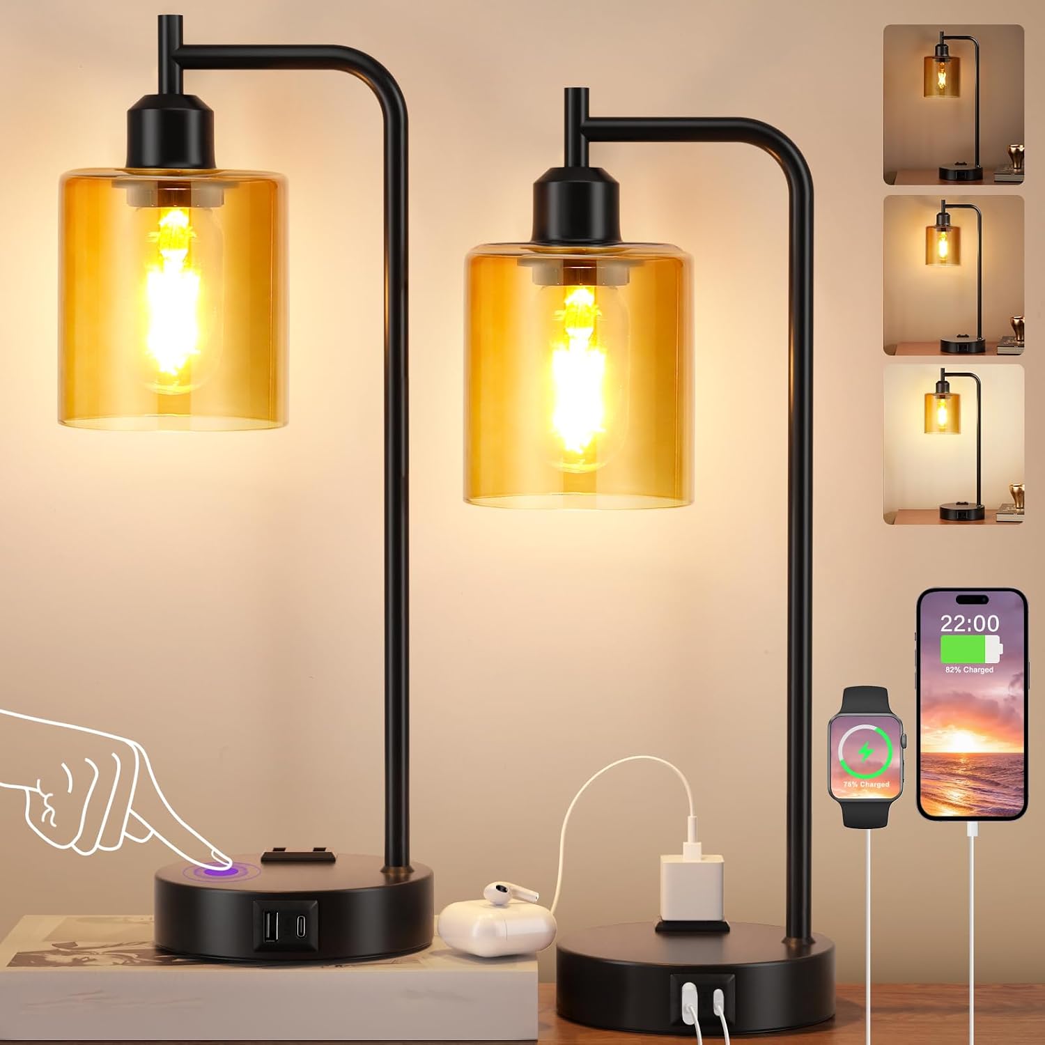 Industrial Touch Nightstand Lamps for Bedrooms Set of 2 - 3-Way Dimmable Table Lamps with USB C+A Ports and Outlet, Bedside Lamps with…