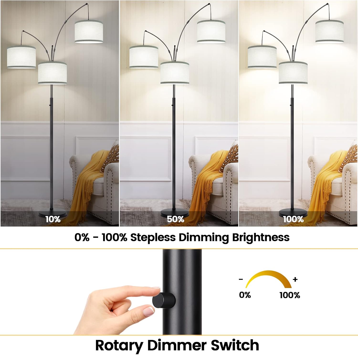 Dimmable Floor Lamp - 3 Lights Arc Floor Lamps for Living Room, 1000LM Modern Tall Standing Lamp With Gray Shades & Heavy Base, Mid…