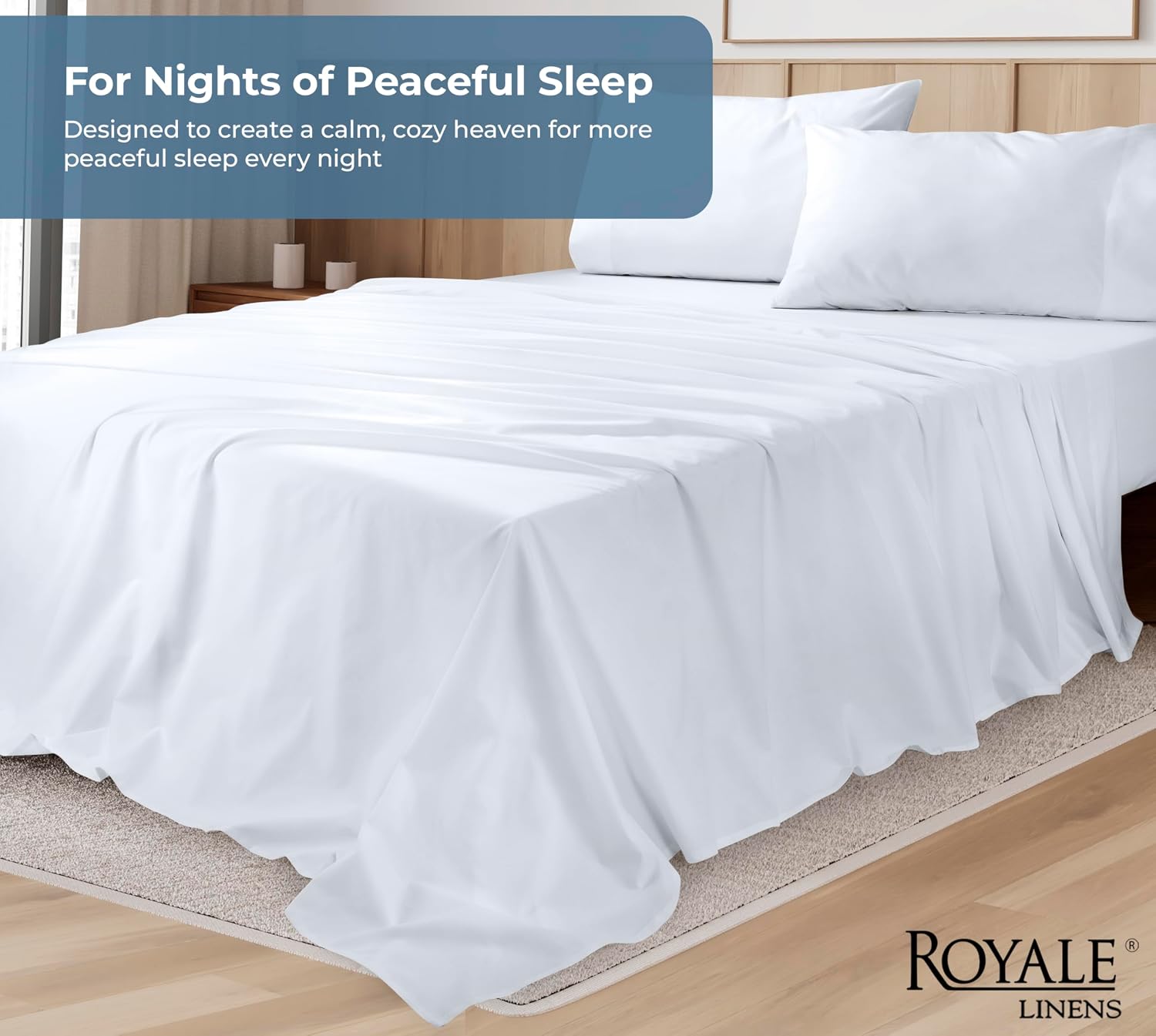 Royalelinens ROYALE LINENS 100% Organic Cotton Queen Sheet Set - Percale Weave - 4 Pieces Set - 1 Flat, 1 Deep Pocket Fitted Sheet and 2 Pi…