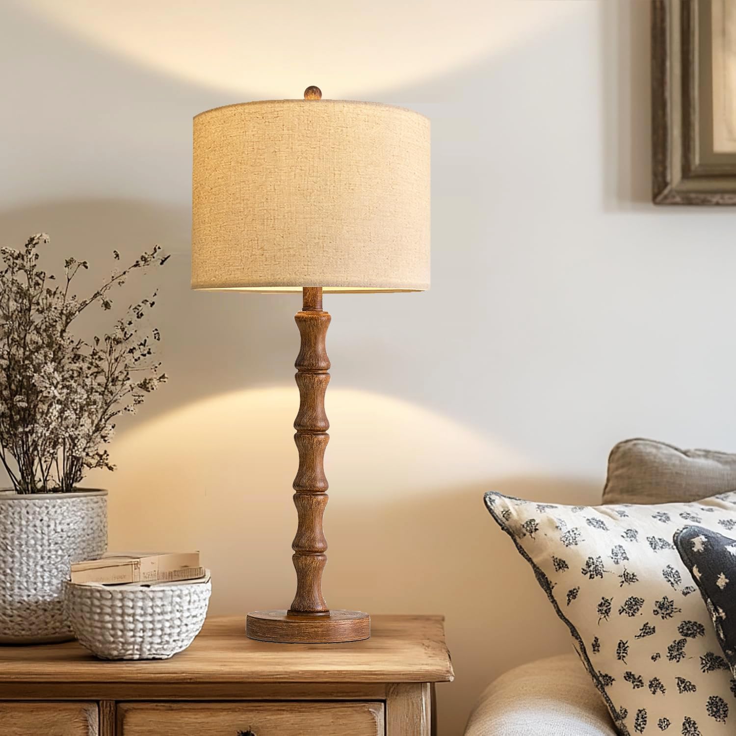 ILLMTW Wood Table Lamp Set of 2, Vintage Buffet Lamps Mid Century Bedside Lamp Wooden Nightstand Lamp Farmhouse Retro Side Tall Table Lamp…