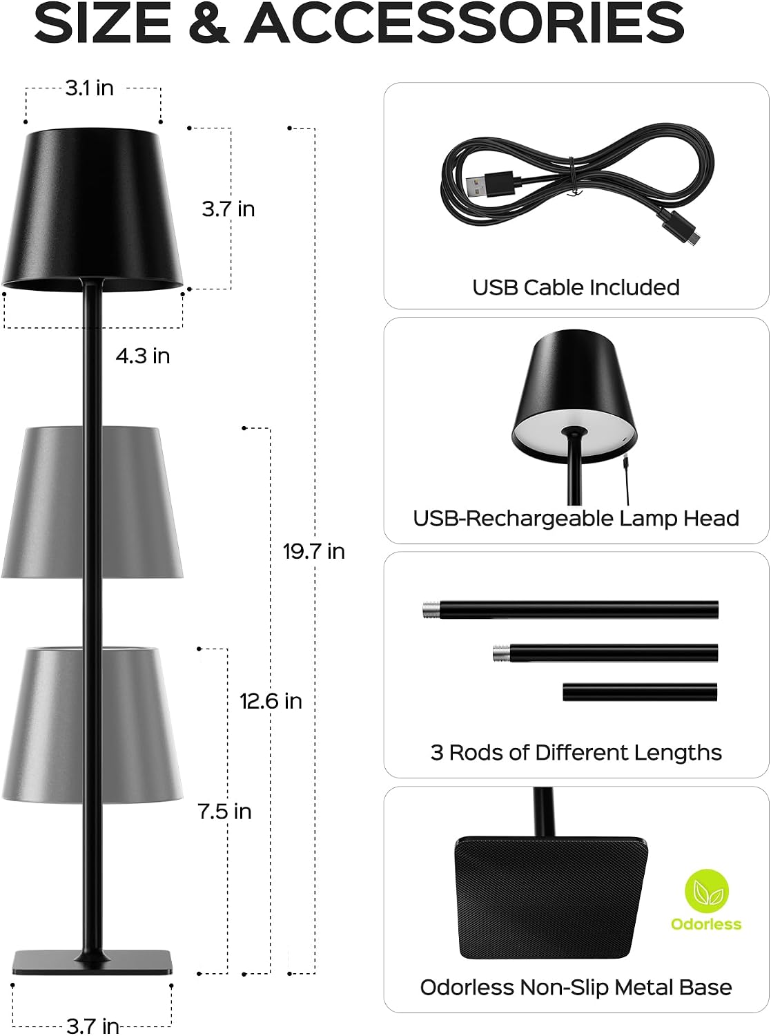 JACKYLED Cordless Lamp DIY Height, 3 Color Stepless Dimming, 5000mAh Battery Operated Lamp Portable Rechargeable for Bedroom Dinning…
