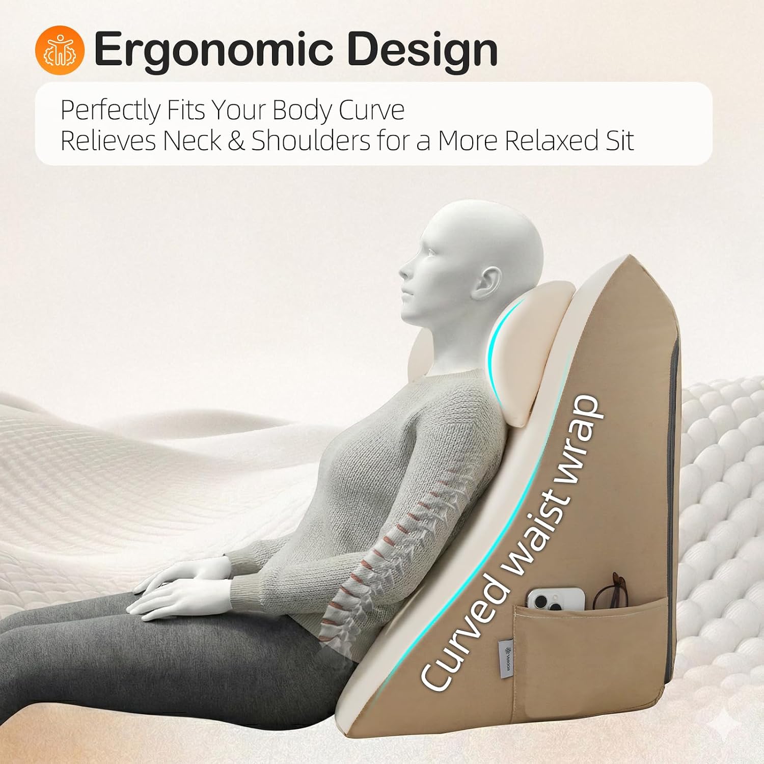 Vekkia 21” Extra-Wide Back Pillow with Adjustable Headrest, 2-in-1 Ergonomic Dual-Layer Wedge Backrest for Sitting/Reclining, Lumbar &…