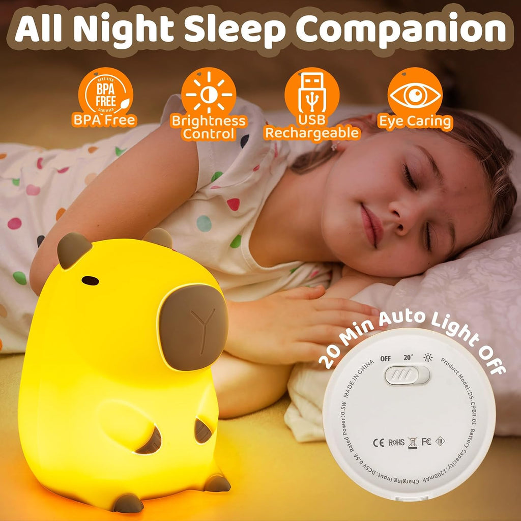 Mewaii Huggwaii Squishy Capybara Night Light for Kids - Soft Silicone Tap-Control Kids Night Light with 2 Brightness Levels & 20-Min Timer,…