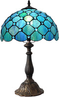 Tiffany Table Lamp Stained Glass Antique Bedside Nightstand Lamp Blue Pearl Style Small Antique Desk Light for Bedroom Living Room Home…