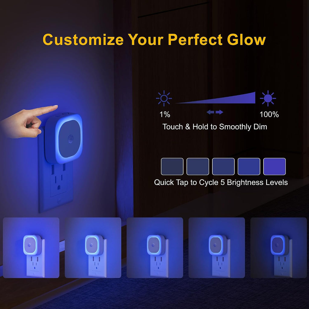 YUNLEX 2 Pack Plug in Night Light with Motion Sensor & Dusk to Dawn Sensor, 3 Sensor Modes, Blue Night Lights Plug into Wall, Dimmable…