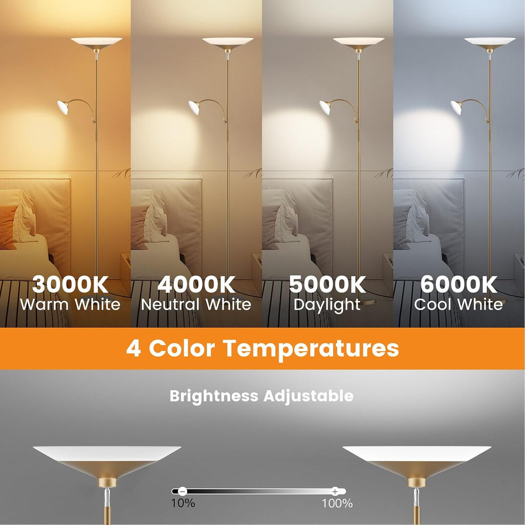 SIBRILLE Gold Torchiere Floor Lamp - 2 Way LED Standing Lamp with Reading Light, Dimmable 72'' Tall Lamp with Remote Color Changing, 34W…