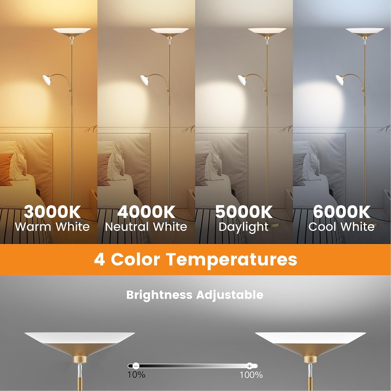 SIBRILLE Gold Torchiere Floor Lamp - 2 Way LED Standing Lamp with Reading Light, Dimmable 72'' Tall Lamp with Remote Color Changing, 34W…