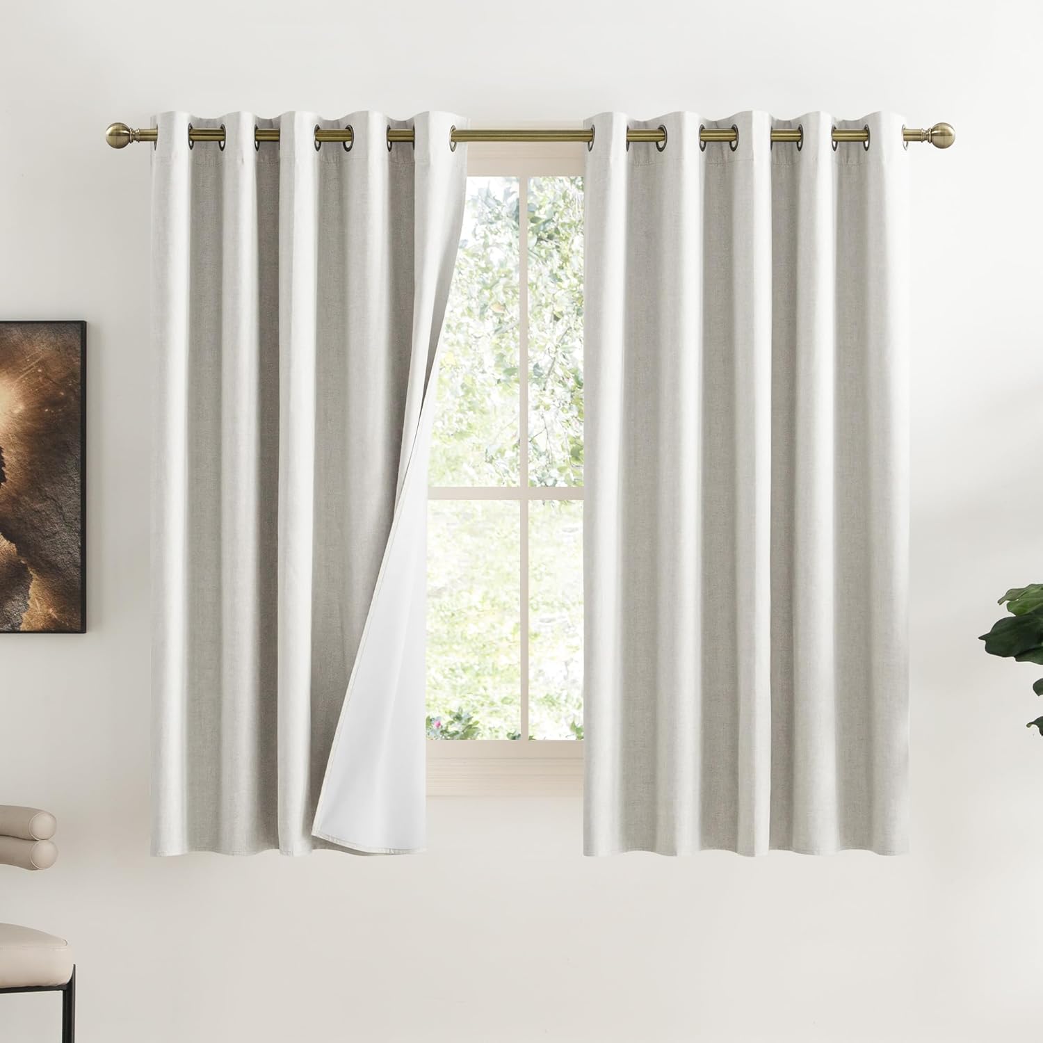 NICETOWN 100% Absolutely Blackout Linen Curtains with Thermal Insulated White Liner, Ivory, 62" W x 63" L, Set of 2, Burlap Textured…