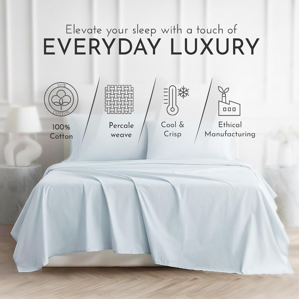 Linen Closet 4 Pcs 100% Cotton King Size Sheets Set, Light Blue, 400 Thread Count, Percale Weave, Deep Pocket Fitted Sheet, Fits Up To…