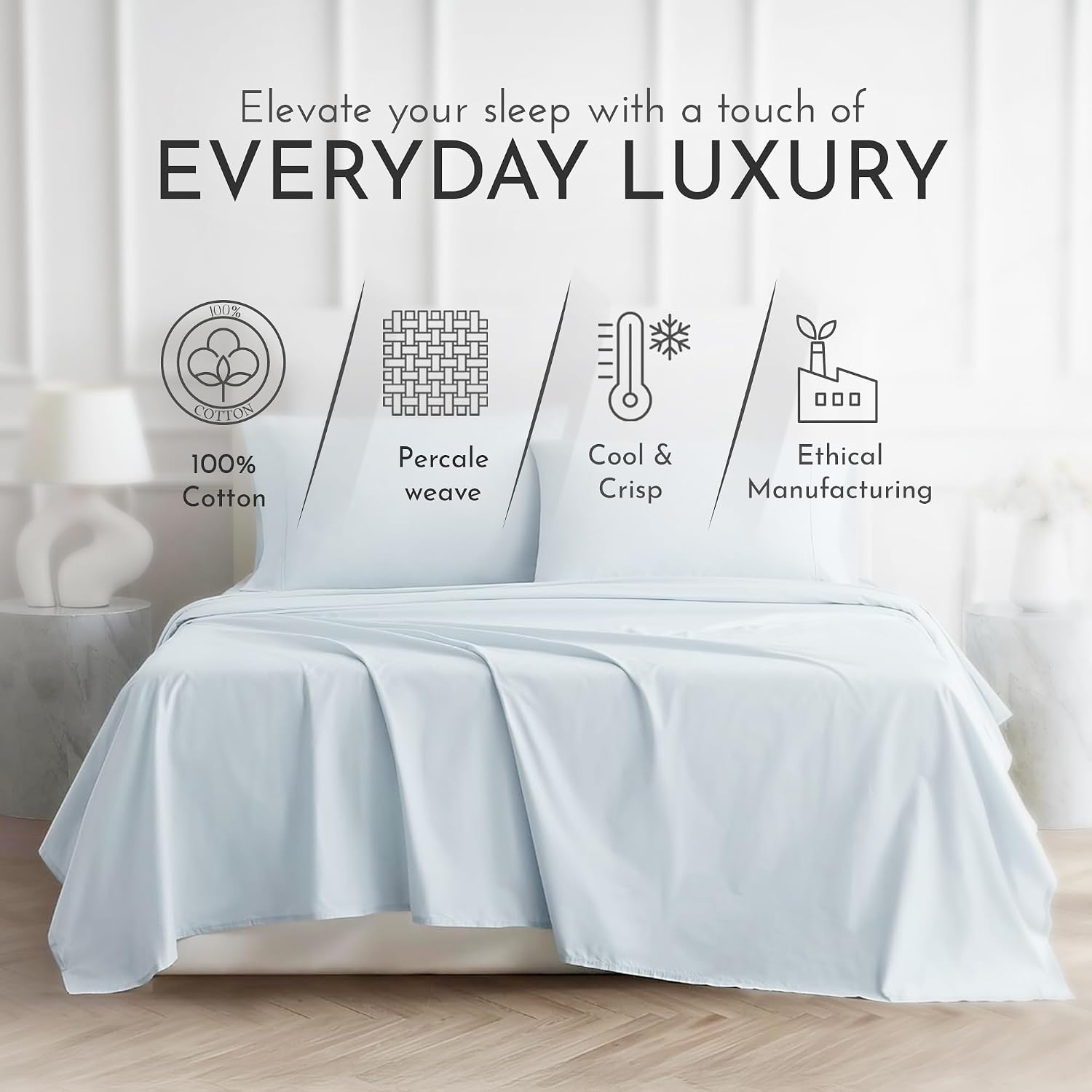 Linen Closet 4 Pcs 100% Cotton Full Size Sheets Set, Light Blue, 400 Thread Count, Percale Weave, Deep Pocket Fitted Sheet, Fits Up To…