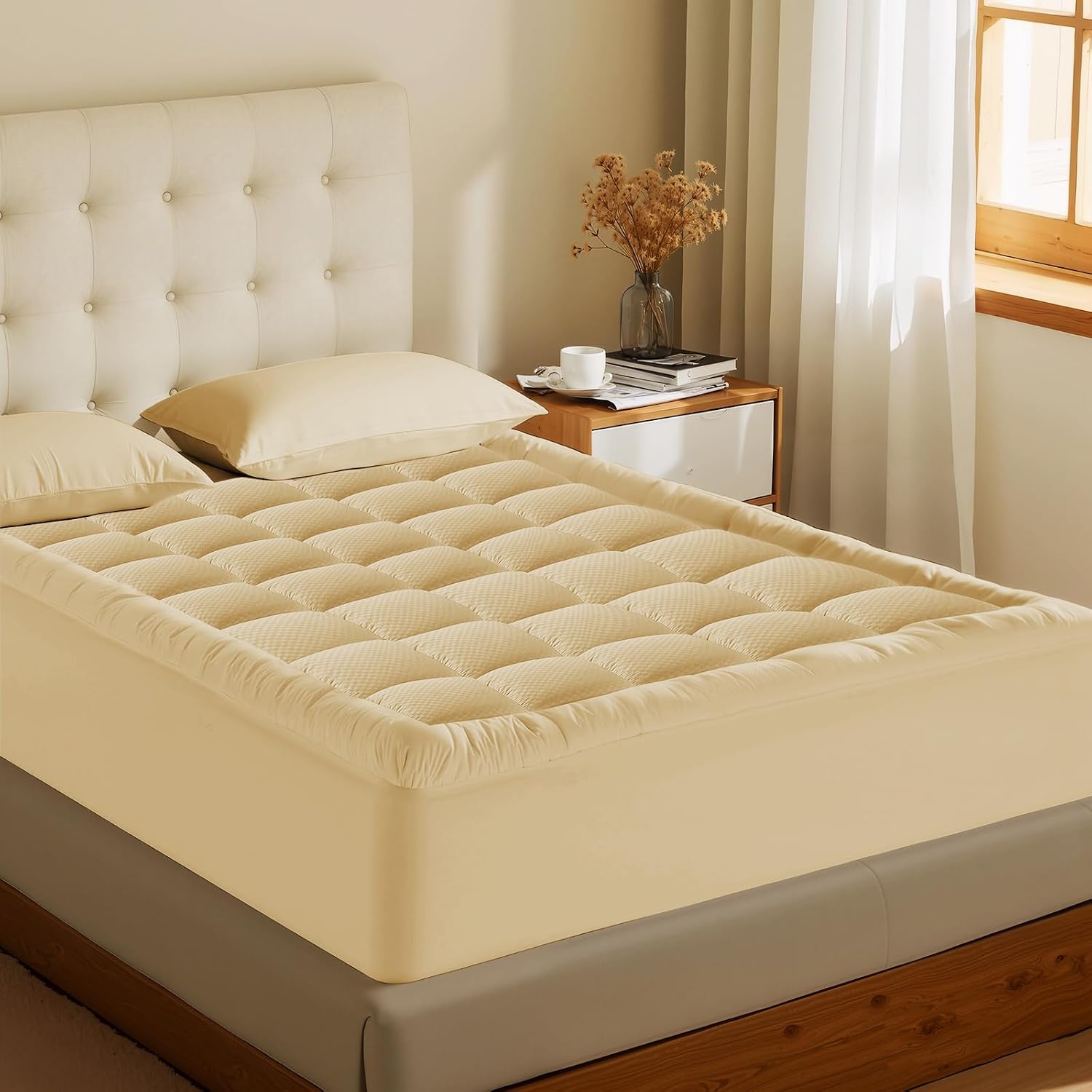 Matbeby California King Quilted Fitted Mattress Pad - Breathable, Fluffy, Cooling, Deep Pocket, Machine Washable, Beige