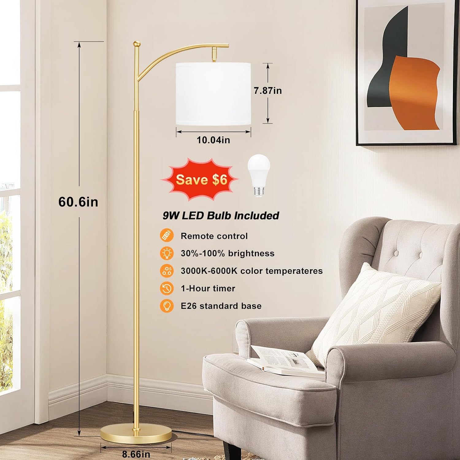 Ambimall 60" Gold Floor Lamp with Remote Control and Stepless Dimmable Bulb, Colors Temperature & Brightness Adjustable, Modern Floor…