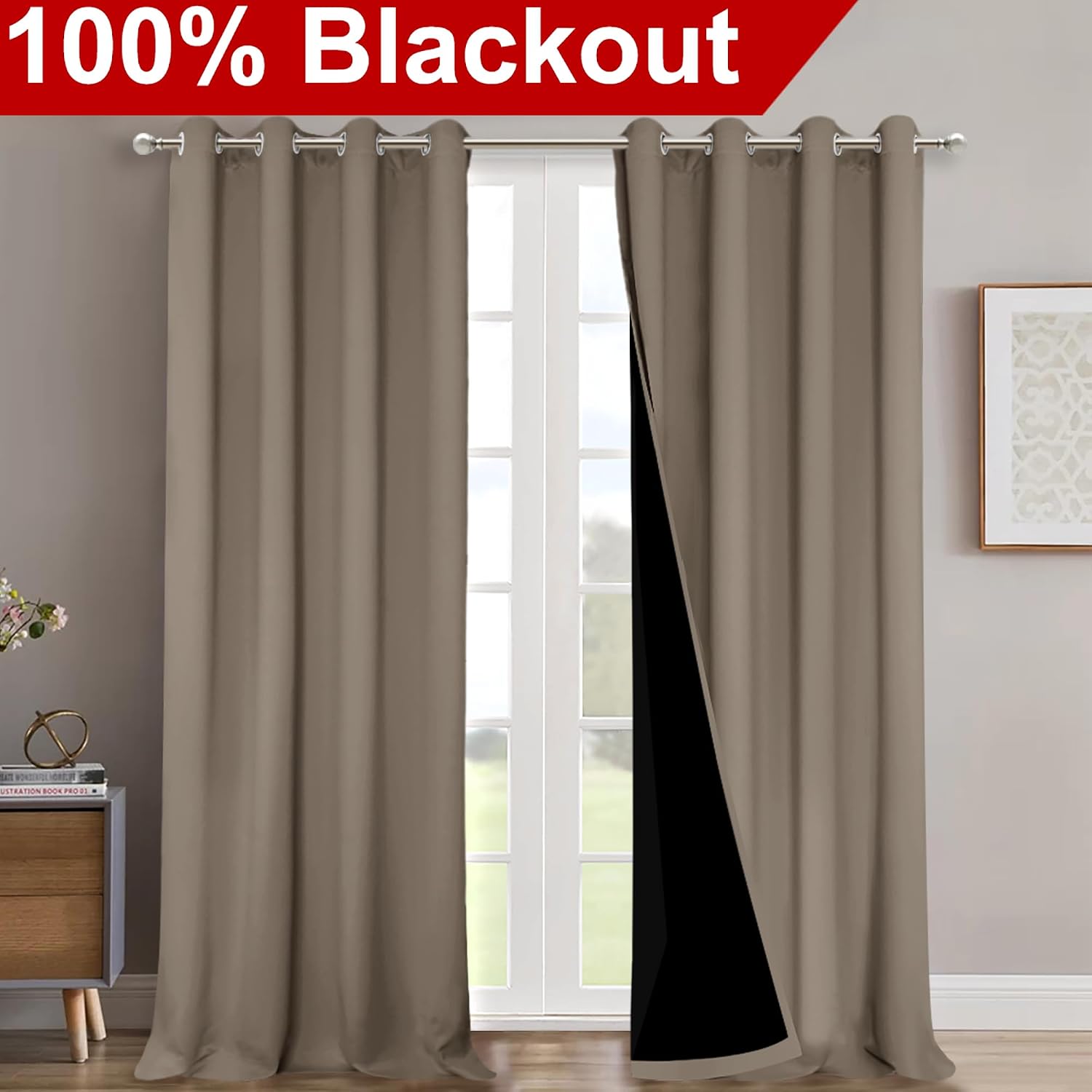 Nicetown 100% Blackout Blinds, Laundry Room Decor Window Treatment Curtains for Large Patio Sliding Door, Thermal Insulated Taupe Curtains…