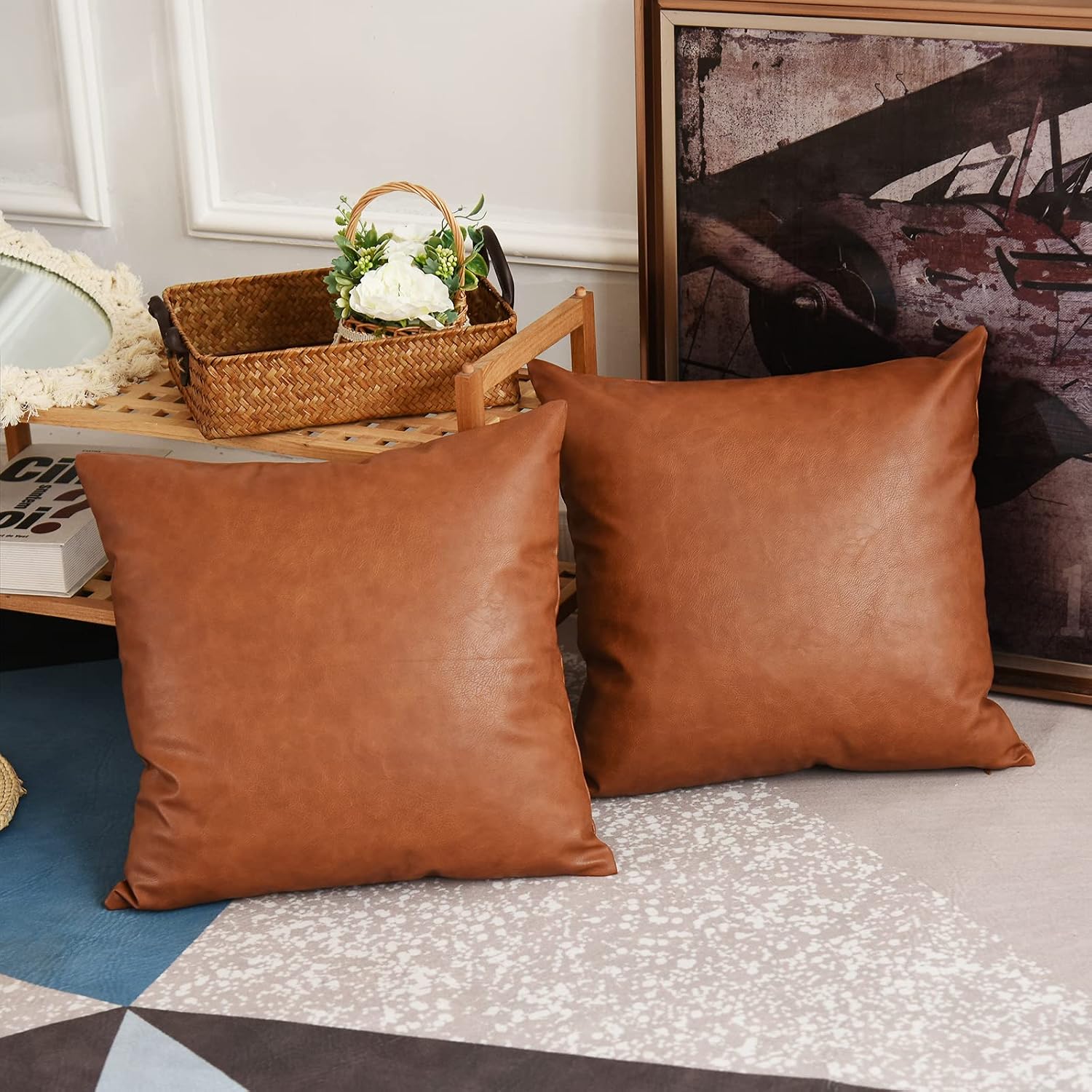 Tosewever Faux Leather Throw Pillow Covers, 18 x 18 inch Set of 2 Luxury Cognac Brown Modern Pillowcases Solid Decorative Square Cushion Ca…