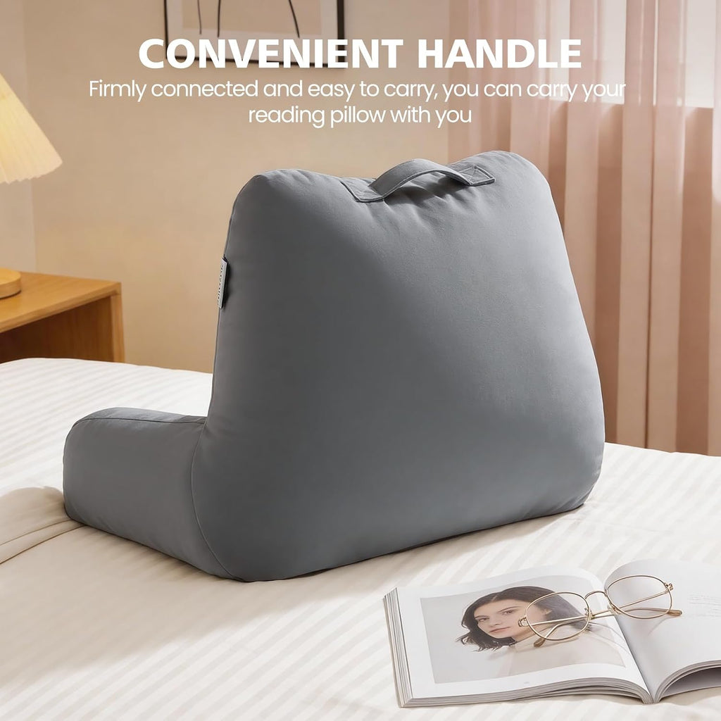 Reading Pillow with Adjustable Memory Foam, Adult Backrest with Arms, Back Pillow for Sitting in Bed with Washable Cover- Large, Gray