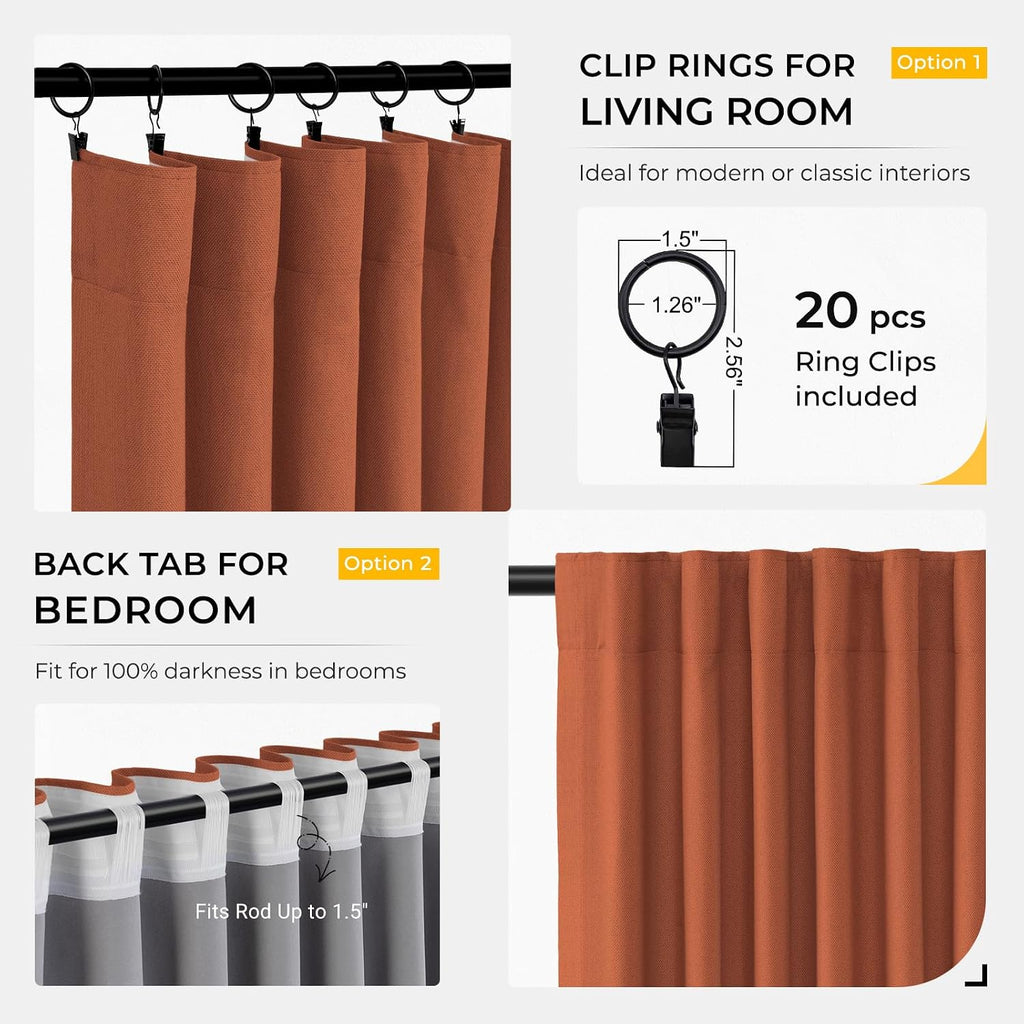 INOVADAY 100% Blackout Curtains for Bedroom, Black Out Curtains 96 Inch Long, Clip Rings Linen Blackout Drapes, Thermal Insulated Room…
