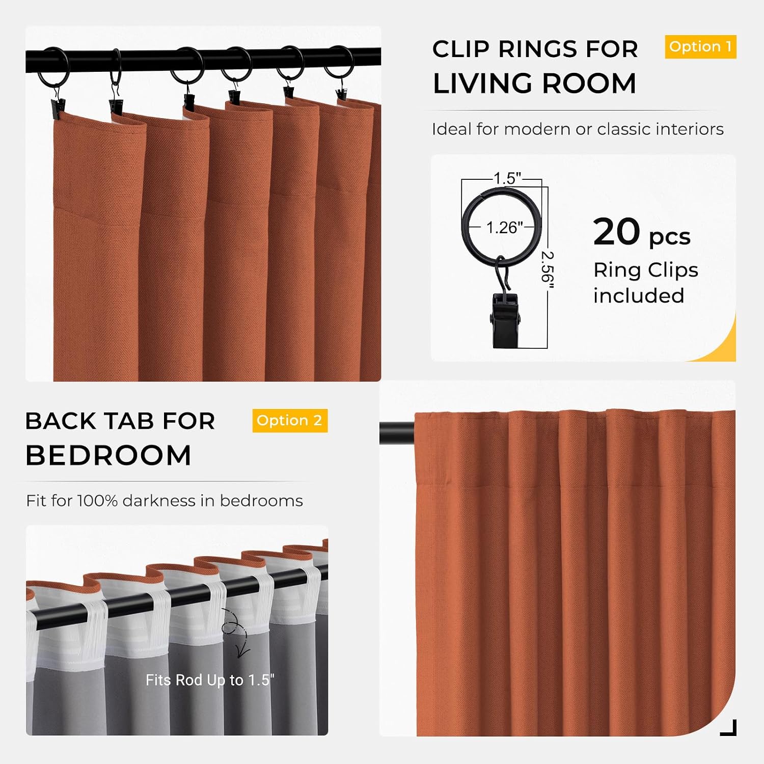 INOVADAY 100% Blackout Curtains for Bedroom, Black Out Curtains 96 Inch Long, Clip Rings Linen Blackout Drapes, Thermal Insulated Room…