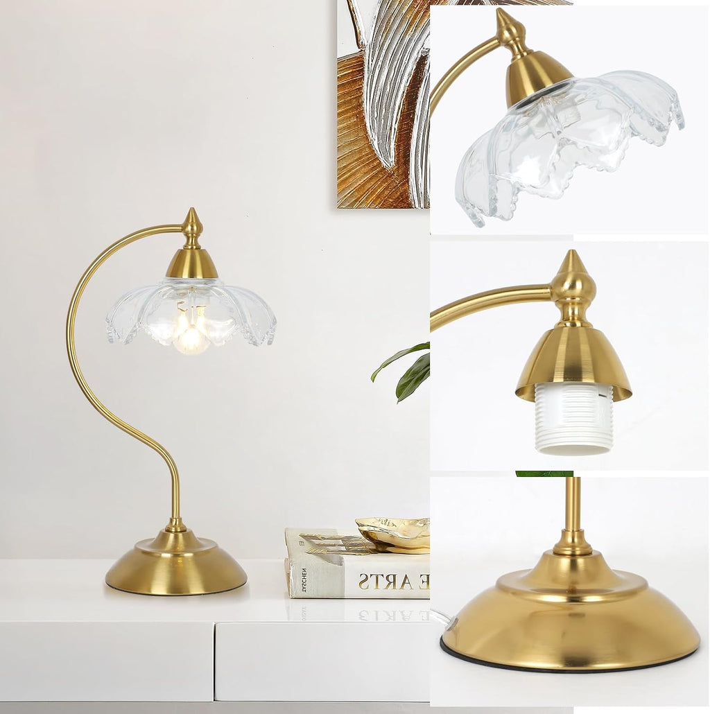 Glass Desk Lamp, Gold Table Lamps for Living Room, Brass Side Table Lamp with Clear Flower Shade, Desk Lamps for Home Office, Mid Century…
