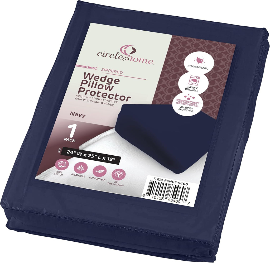 CirclesHome Wedge Pillow Cover 100% Cotton, Zippered Wedge Pillow Case Protector, Soft, Hypoallergenic & Breathable - Navy, (24Wx25Lx12) 12…