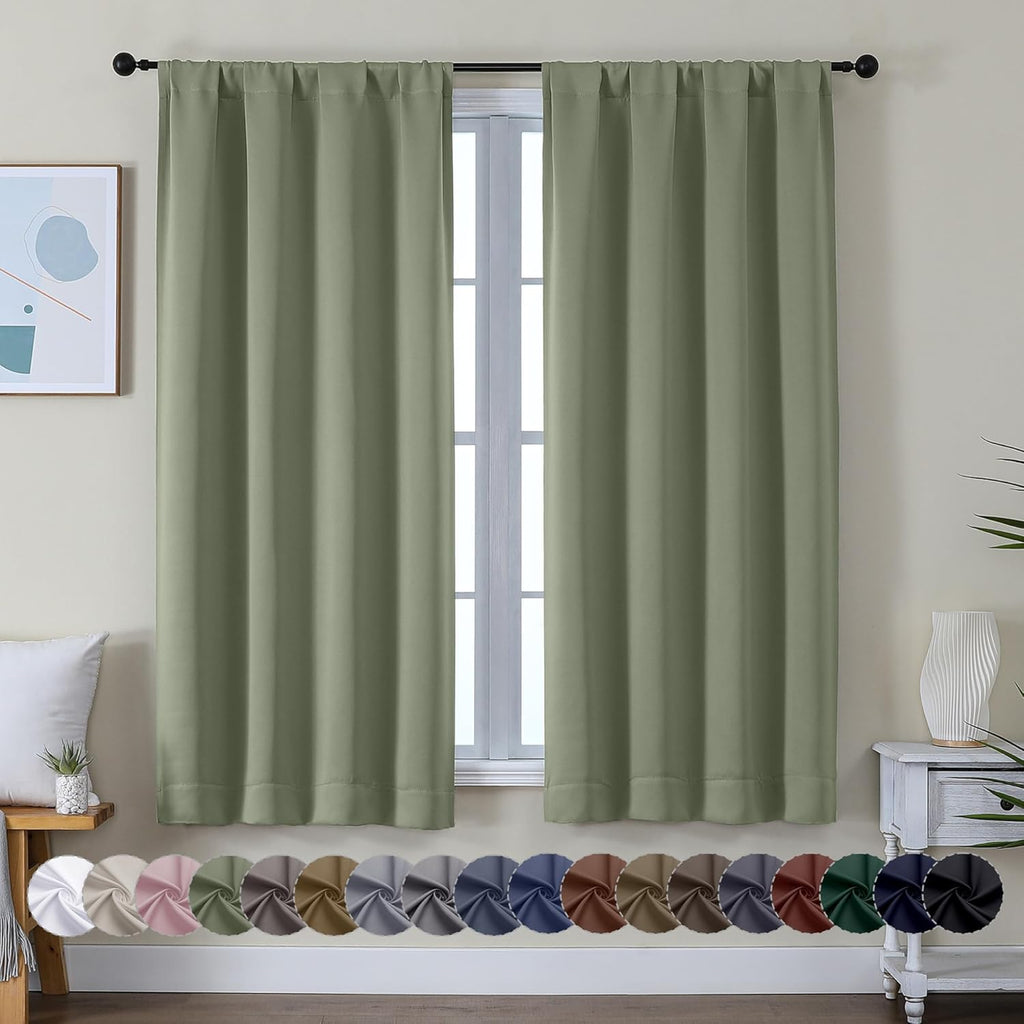 Simplebrand Ava Sage Green Blackout Curtains for Bedroom 63 Inch Length 2 Panels Set, Solid Thermal Insulated Energy Saving Rod Pocket Wind…