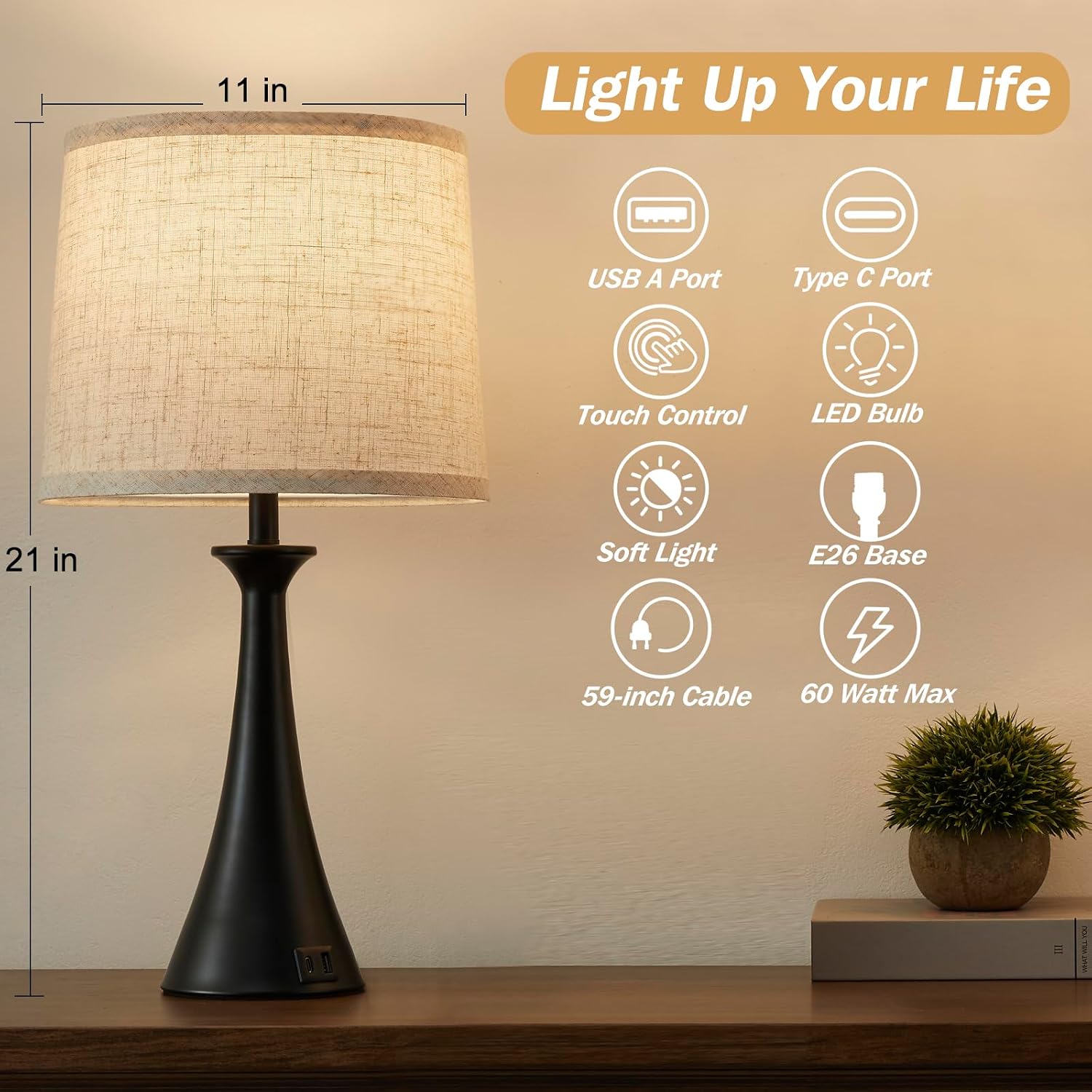 Touch Lamp for Living Room Bedroom, 21" Table Lamps Set of 2 with USB C+A Ports, Touch Bedside Lamps for Nightstand with 3 Way Dimmable…