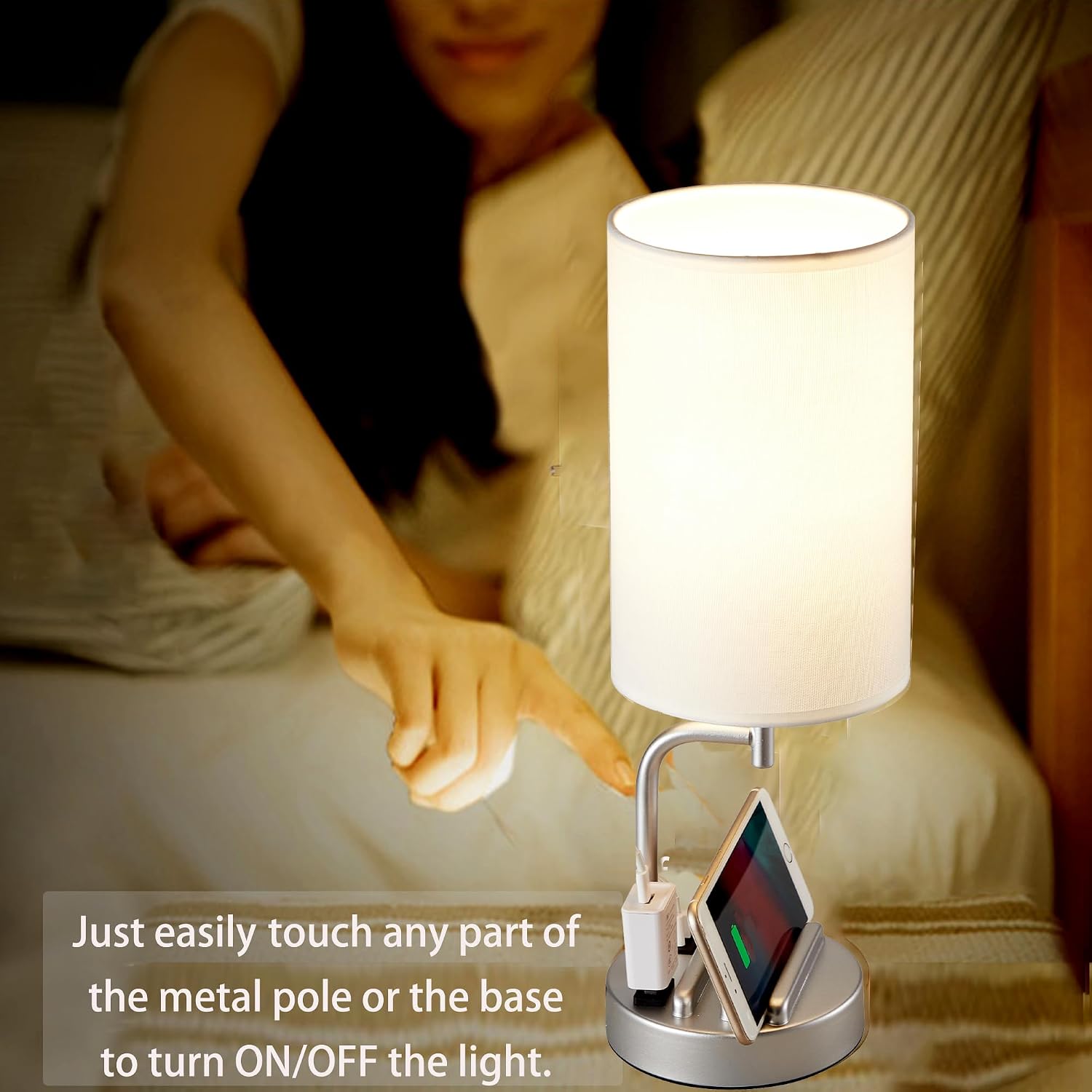 Dreamholder Touch Control USB Table Lamp, Upgraded 3-Way Dimmable Bedside Desk Lamp with USB C & A Charging Ports and AC Outlet…