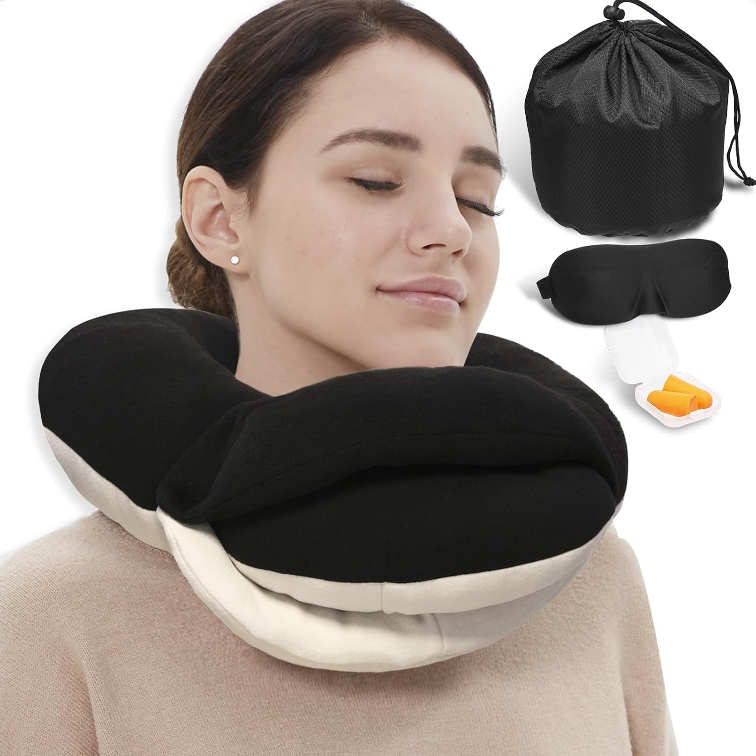BUYUE Travel Neck Pillows for Airplanes, Memory Foam 360° Head Support Sleep for Long Flight, Skin-Friendly & Breathable, Kit with Eye…