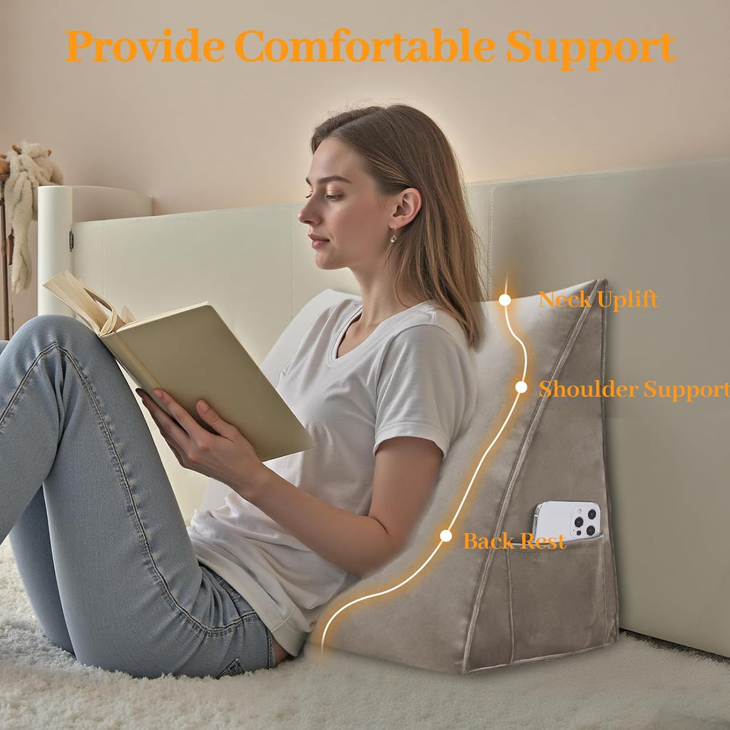 Wedge Headboard Pillow Reading Backrest Pillow for Sitting in Bed Sofa Dorm with Removable Cover Side Pockets Dutch Velvet Fabric Camel