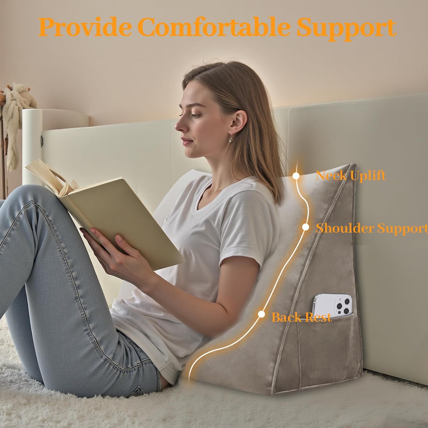 Wedge Headboard Pillow Reading Backrest Pillow for Sitting in Bed Sofa Dorm with Removable Cover Side Pockets Dutch Velvet Fabric Camel