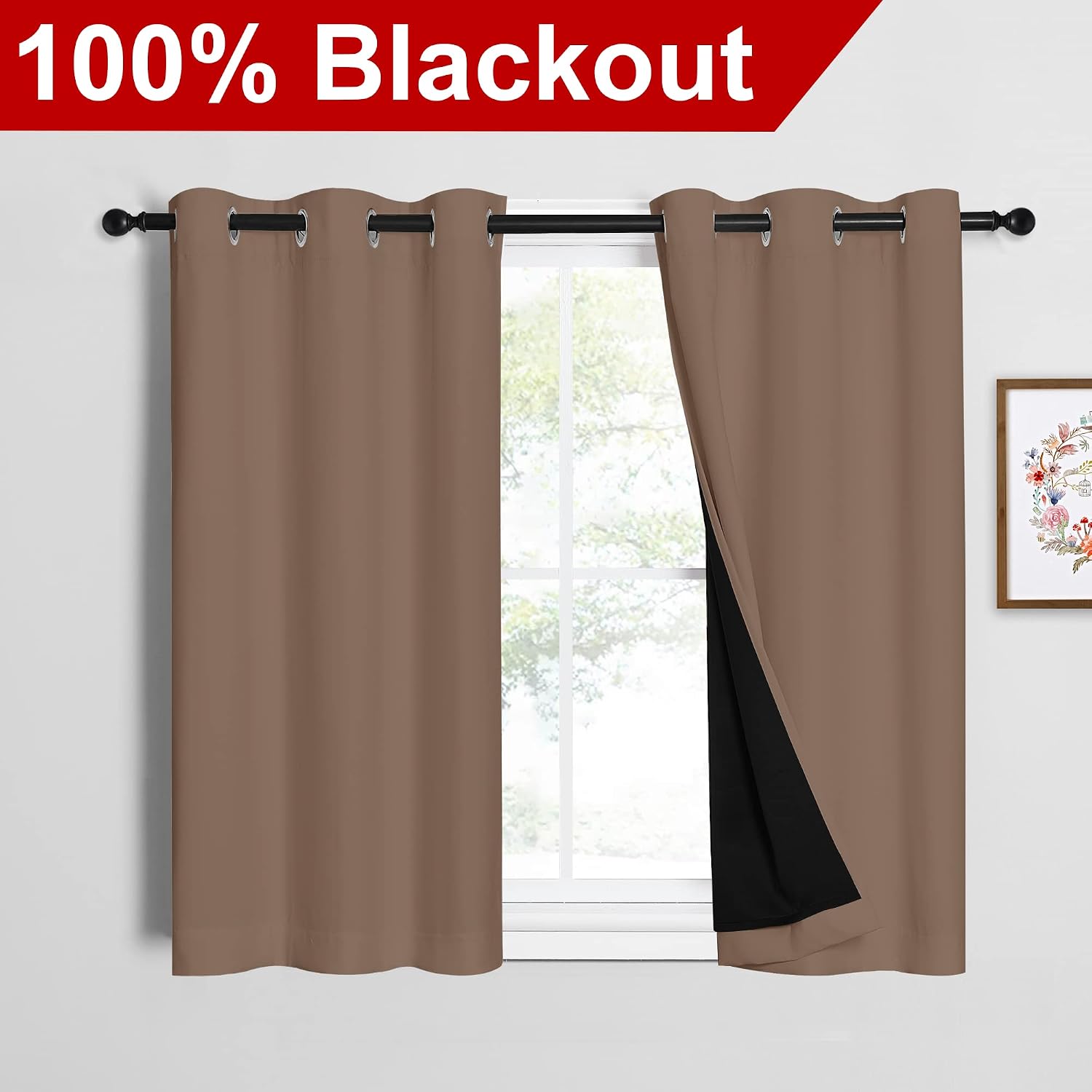 Nicetown Cappuccino Bedroom Full Blackout Cold Blocking Short Curtain Panels, Super Thick Insulated Window Covers, 100% Blackout Blinds wit…