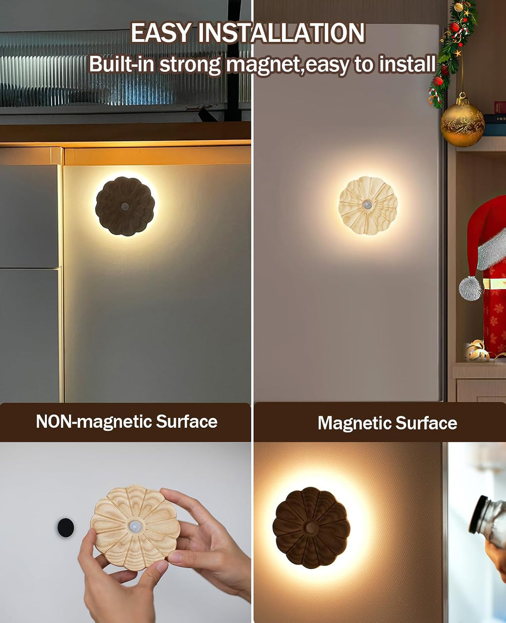 Night Light Wooden Carved Flower Mini USB Rechargeable Motion Sensor Nightlights Magnetic Wall Light for Hallway, Bedroom, Living Room…