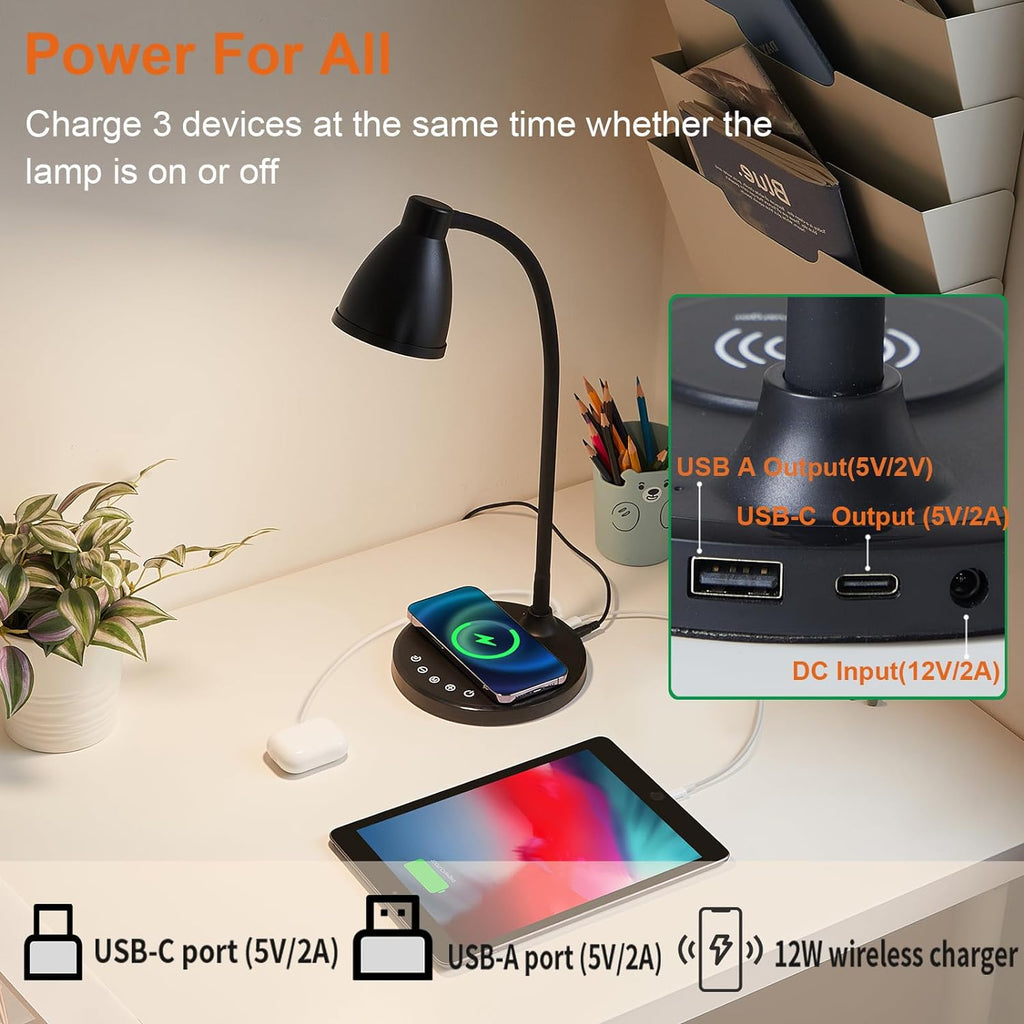 BOHON Desk Lamp for Home Office, LED Desk Light with USB C+A Charging Ports, Wireless Charger, 5 Colors Stepless Dimming Reading Light…