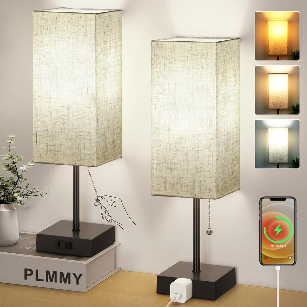 Table Lamp for Bedroom Set of 2, Bedside Lamps with 3 Color Temperatures Night Light, Lamp for Night Stands with AC Outlet and Square…