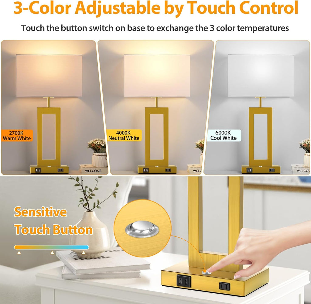 22’’ Touch Control Table Lamps Set of 2, 3 Color Temperatures Bedroom Bedside Lamps, Modern Gold Dimmable Lamps with USB Ports & AC…