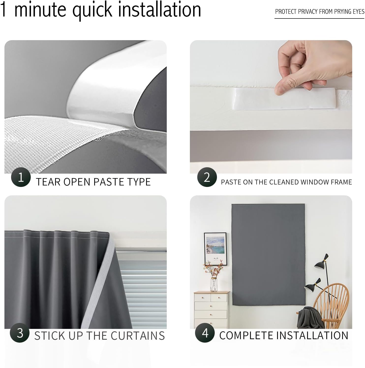 Magic Tape Blackout Curtains for Bedroom No Drillng Self Adhesive Curtains No Rod Small Window, 47" W X 84" L, Grey, 1 Panel