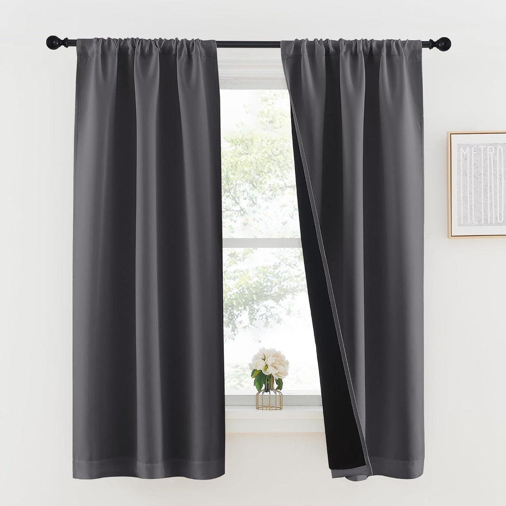 Nicetown Grey 100% Blackout Lined Curtains, 2 Thick Layers Completely Blackout Rod Pocket Thermal Insulated Drapes for Kitchen/Bedroom (1 P…